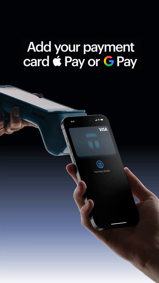 The image shows a person's hand holding an iPhone, which has a payment app installed on its screen. The app displays a message that reads "Add your payment card Apple Pay or Google Pay", indicating that the user can choose between using their credit card or mobile wallet for payments. The phone is positioned in such a way that it appears to be being used to make a payment, with the person's hand holding the device and the payment app displaying the necessary information on its screen.