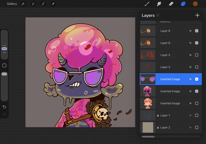 A digital art application interface showing a character illustration in progress with pink hair, sunglasses, and a skull accessory, displayed alongside a layers panel on the right side.