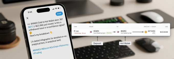 A smartphone displays a tweet analyzing a $23.9M Bitcoin withdrawal from BITMEX to a Coinbase Hot Wallet, accompanied by an on-chain transaction diagram showing 'Deposit' and 'Hot Wallet' flows.