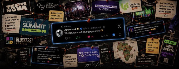 A digital collage featuring Web3 event promotions, including a pinned tweet from @iam_axtromau about 'Web3 Events' and references to 'NIGERIA' and 'Blockfest Africa'.