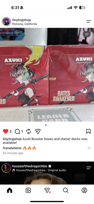 A screenshot from tinyTCGshop showing Azuki TCG 'Gates Awakened' booster boxes, with a caption 'Azuki Booster boxes and starter decks now available!' and tags 'franalations' posted 24 minutes ago from Pomona, California.
