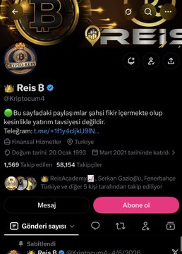 The image shows the social media profile page for "Reis B" (@kriptocum4), a crypto-focused account with a verified badge, displaying a "CRYPTO REIS" logo with gold coin graphics. The bio mentions professional trading payments and signals, along with performance statistics showing 58,154 followers and 1,569 following, while featuring a pink "Abone ol" (Subscribe) button that aligns with the accompanying post about their exclusive subscriber trading setup algorithm.