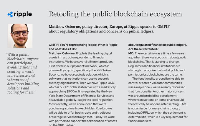 An article excerpt titled "Retooling the public blockchain ecosystem" featuring an interview with Matthew Osborne, policy director for Ripple, about regulatory obligations on public ledgers.