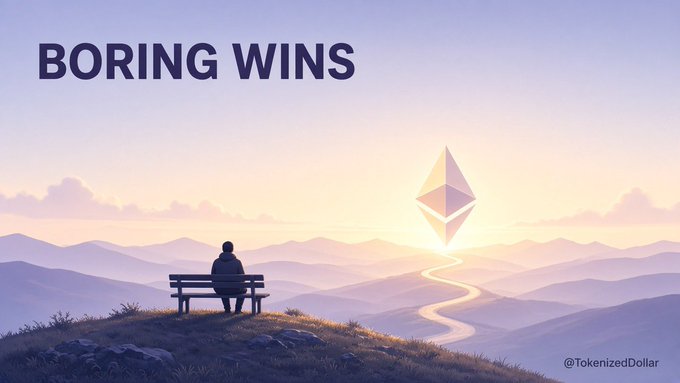 An illustration shows a person sitting on a bench overlooking mountains at sunset, with an Ethereum logo in the sky and the text 'BORING WINS' at the top, signed '@TokenizedDollar'.