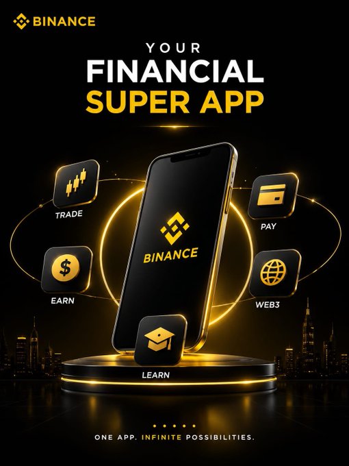 A Binance promotional graphic featuring a smartphone surrounded by glowing icons labeled 'TRADE', 'PAY', 'EARN', 'WEB3', and 'LEARN', with the text 'YOUR FINANCIAL SUPER APP' and tagline 'ONE APP. INFINITE POSSIBILITIES.'