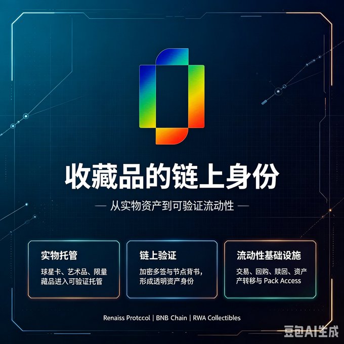 A dark-themed infographic promoting Renaiss Protocol on BNB Chain, featuring a rainbow gradient logo and the headline "收藏品的链上身份 — 从实物资产到可验证流动性" (On-chain Identity for Collectibles — From Physical Assets to Verifiable Liquidity), with three feature boxes highlighting 实物托管 (physical custody), 链上验证 (on-chain verification), and 流动性基础设施 (liquidity infrastructure), visually supporting the post's message about bringing real-world collectibles like sports cards and art onto the blockchain.