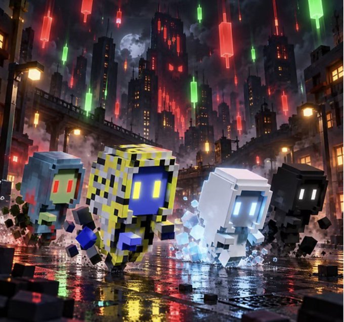 Four blocky, pixelated "Meebit" characters in distinct faction colors (green, yellow-blue, white-blue, and black) march forward through a dark, rainy cyberpunk cityscape illuminated by glowing green and red candlestick chart patterns. The image visually represents the launch of Meebit Company's "NightShades" faction coins on Robinhood Crypto, symbolizing the volatile crypto trading theme ("pumps, dumps, and spooky speculation") highlighted in the accompanying post.