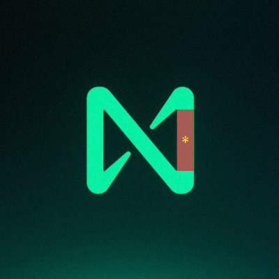 A dark green logo design featuring a stylized "M" or "N" shape incorporating a red rectangle with an asterisk symbol.