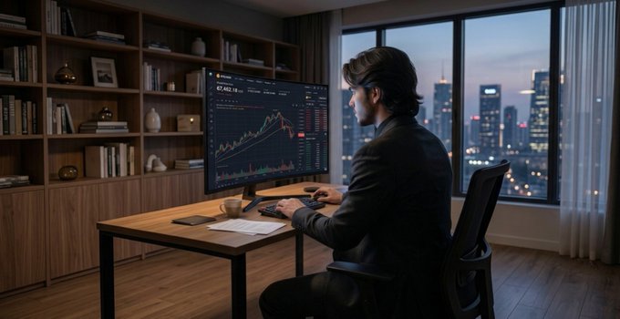A man in a dark suit sits at a sleek wooden desk analyzing a stock chart on a large monitor, with "67,482.16" visible on the screen, set against a glowing city skyline at dusk. The image reflects the post's sentiment of quiet endurance—capturing the solitary patience and focus required to navigate the long, uneventful stretches of the market between dramatic moves.