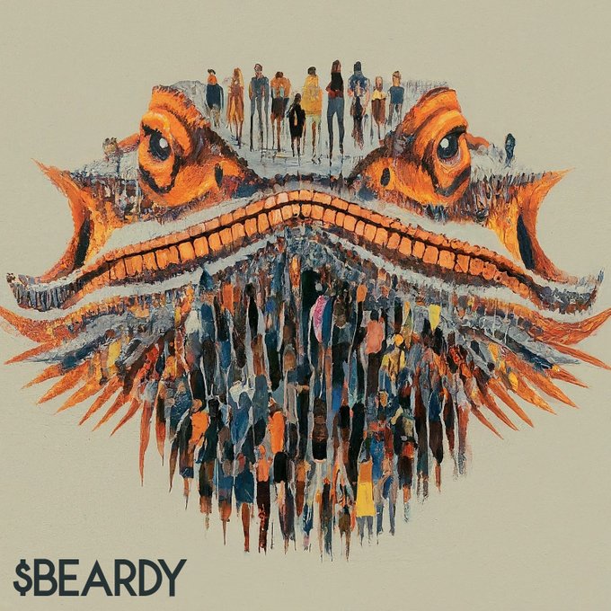 Artistic painting by $BEARDY depicting a crab face whose body is composed of a crowd of people rendered in orange, blue, and black tones.