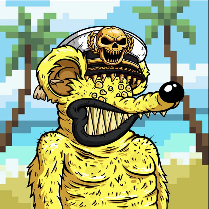 A yellow monstrous character with sharp teeth, wearing a sailor hat with a skull emblem, holds a black bomb in a pixelated beach setting.
