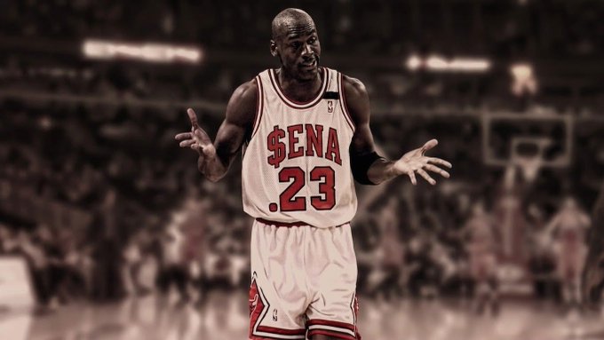 The image features Michael Jordan wearing a Chicago Bulls jersey with "$ENA" and the number 23, likely a digitally edited play on "ENA," as he gestures with both hands spread in his iconic on-court pose. The stylized red-and-white uniform pairs the ticker symbol prominently across the chest, visually tying the legendary athlete's brand power to the "$ENA" cryptocurrency reference in the post.