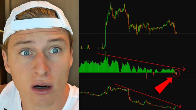 A shocked man in a backwards white cap is shown alongside Bitcoin price charts displaying declining volume and a red arrow pointing to a circled low point, illustrating the YouTube video's claim about a potential bull trap setup for Bitcoin.