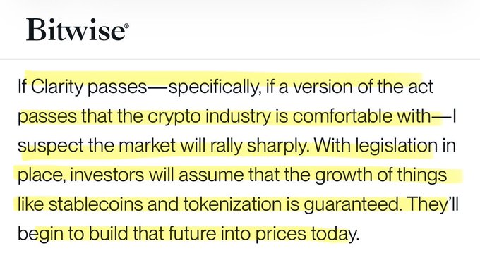 The image shows a highlighted quote from Bitwise stating that if the Clarity Act passes in a form acceptable to the crypto industry, the market will rally sharply as investors price in guaranteed growth of stablecoins and tokenization. It directly supports the post's message by visually emphasizing Bitwise's bullish prediction tied to the Clarity Act's passage.
