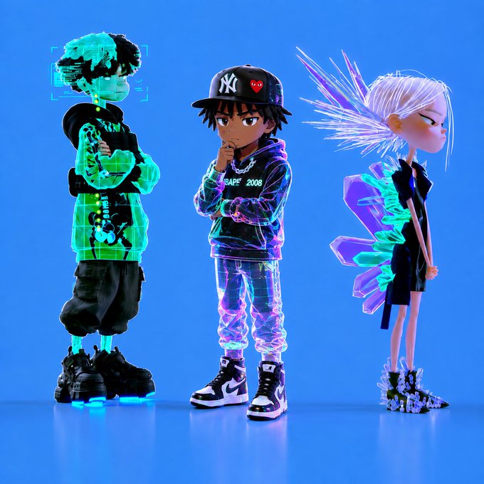 3D rendered stylized characters against a bright blue background, including a glowing green figure with a 'CK' logo and a character with crystalline wings.