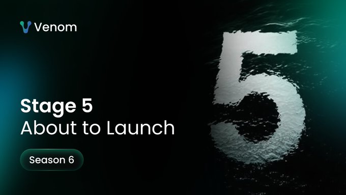 A dark underwater-themed promotional graphic for Venom features a large stylized "5" on the right, with text reading "Stage 5," "About to Launch," and a "Season 6" button on the left, visually announcing the imminent launch of Stage 5 in Season 6 where users can swap their Early Participant NFTs.