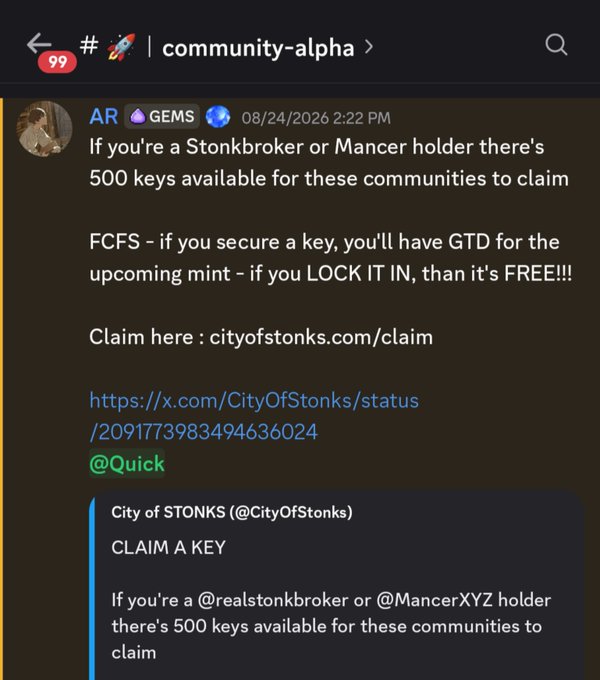 A message from user AR in the #community-alpha channel announces that 500 keys are available for Stonkbroker or Mancer NFT holders to claim for free on cityofstonks.com, with secured keys guaranteeing mint spots. The accompanying post celebrates the 0.004 → 0.029 ETH mint success, noting that holding SB or Mancer made securing whitelist access easy.
