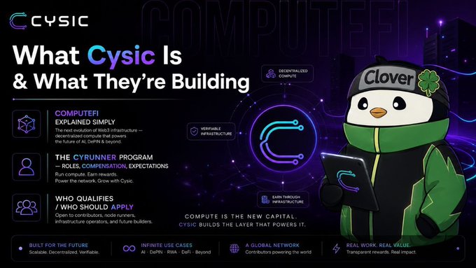 The image features a cartoon penguin holding a laptop computer with its arms outstretched as if it's giving directions or showing off some software. The background of the image is dark purple, which contrasts with the white text that reads "What Cystic Is & What They're Building". Below this, there are three bullet points explaining what Cysic is and how they want to own a layer in Web3.