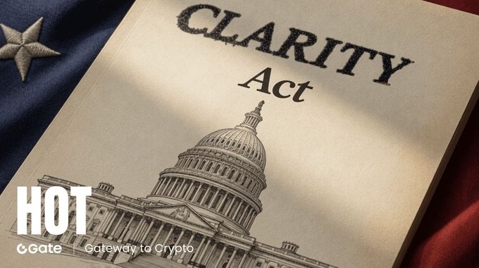 The image shows a document titled "CLARITY Act" placed over an American flag and an illustration of the U.S. Capitol building, with a "Gate | Gateway to Crypto" logo in the bottom left corner, visually reinforcing the post's discussion about upcoming U.S. Senate legislation aimed at establishing clearer crypto regulations.