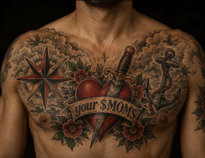 A man's chest is shown covered in detailed tattoos, featuring a heart, dagger, anchor, compass star, flowers, and a banner that reads 'your $MOMS'.