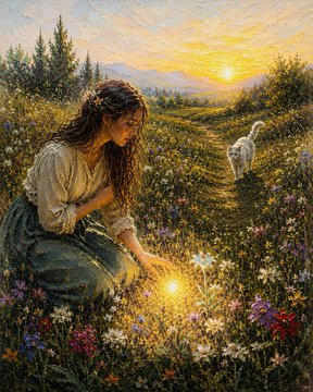 A young woman kneels in a sunlit meadow filled with wildflowers, gently reaching toward a glowing orb of light, while a small white dog watches from the path behind her. The ethereal, twilight scene reflects the post's saying that "art speaks where words fail," capturing a moment of quiet wonder and connection with nature that words alone cannot convey.