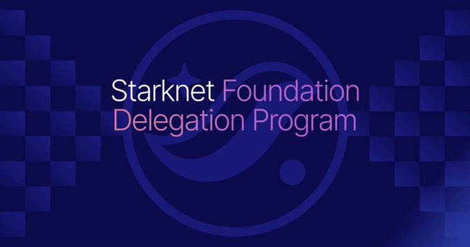A dark blue graphic announcing the "Starknet Foundation Delegation Program" with a subtle crescent logo in the background and checkered patterns on the sides.