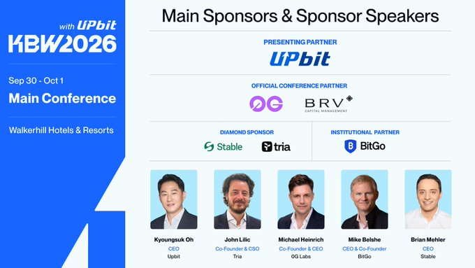 KBW2026 (Sep 30 - Oct 1, Main Conference at Walkerhill Hotels & Resorts with Upbit) presents its main sponsors and sponsor speakers, featuring Upbit as Presenting Partner, BRV/Digital Management as Official Conference Partner, Stable and Tria as Diamond Sponsors, and BitGo as Institutional Partner, alongside executives including Kyounguk Oh (CEO, Upbit), John Lilac (Co-founder & CBO, Tria), Michael Heinrich (Co-founder & CEO, 0G Labs), Mike Belshe (CEO & Co-Founder, BitGo), and Brian Mehlinger (CEO, Stable).
