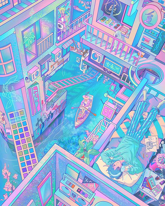 A vibrant, densely packed cyberpunk/anime illustration featuring a multi-level cityscape with a river, boats, neon signs (one reading '古泰州'), and a person lying on a bed.