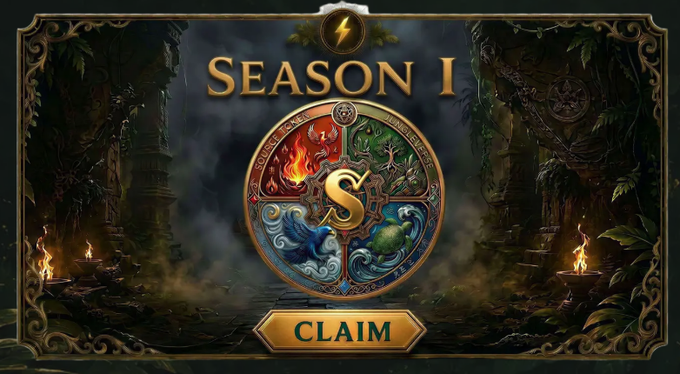 A promotional graphic titled "SEASON I" featuring an ornate circular emblem with elemental symbols (fire, tree, water, mountain) above a "CLAIM" button.