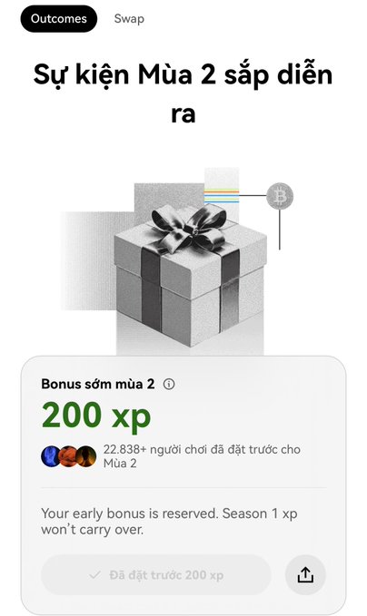 A 'Swap' tab showing 'Sự kiện Mùa 2 sắp diễn ra' with a gift box illustration and 'Bonus sớm mùa 2' of '200 xp' reserved.