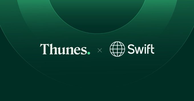 Image 2: A graphic displaying the logos of 'Thunes' and 'Swift' side-by-side with an 'x' between them, set against a dark green background featuring subtle circular design elements.