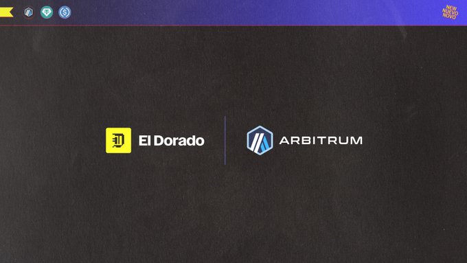 A promotional graphic displaying logos for 'El Dorado' and 'ARBITRUM' on a dark background with a colorful top border.