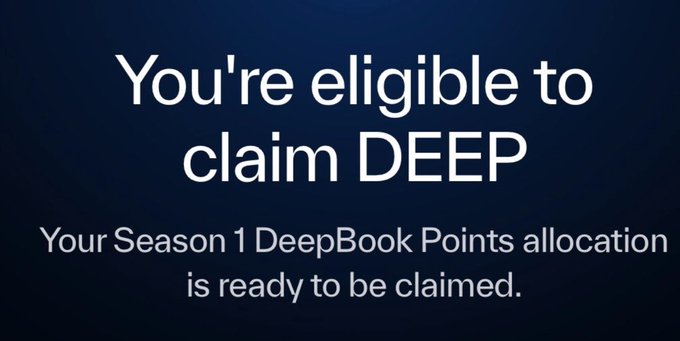 The image shows a blue sign with white text that reads "You're eligable to claim DeepBook Points allocation is ready to be claimed." This message appears to be related to a game or competition involving DeepBooks, as indicated by the reference to "Season 1" and "real on-chain activity". The post seems to be promoting an event or contest where participants can claim points for their achievements.