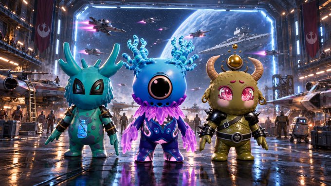 Three colorful, otherworldly designer toy characters—one teal with antler-like horns, one purple and blue with a single large eye, and one golden with pink glowing eyes—stand in a Star Wars-inspired hangar bay featuring Rebel Alliance banners and X-wing starfighters. The image ties to the "ODK Experience: Star Force Assault" event announcement, hinting at an immersive 3D-built adventure debuting at 9 PM EST.
