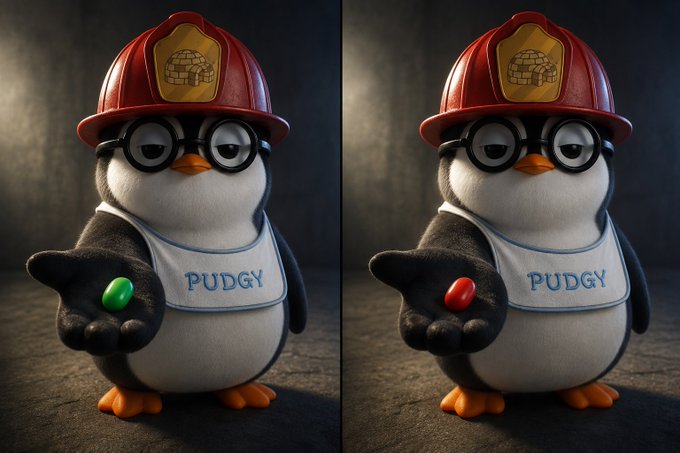 Two identical cartoon penguins wearing red firefighter helmets and bibs labeled "PUDGY" stand side-by-side, with the only difference being the color of the jellybean held in their outstretched hands—green on the left and red on the right.