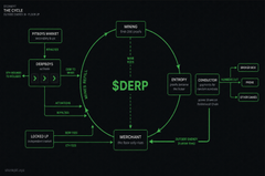 A diagram titled "DERP" illustrates a circular supply flow connecting Mining, Project Market, Products/Merch, Derpcoin Exchange, and Blockchain, with steps like "Start of Game," "Tokenomics," and "Proof of Burn." The image humorously visualizes a closed-loop economic system, matching the post's playful tone about a cryptocurrency concept that may be too complex for some to grasp.