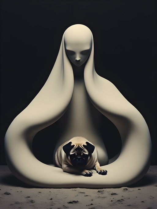A surreal artistic image featuring a white ghost-like figure with flowing robes surrounding a small pug dog resting on the ground against a dark background.