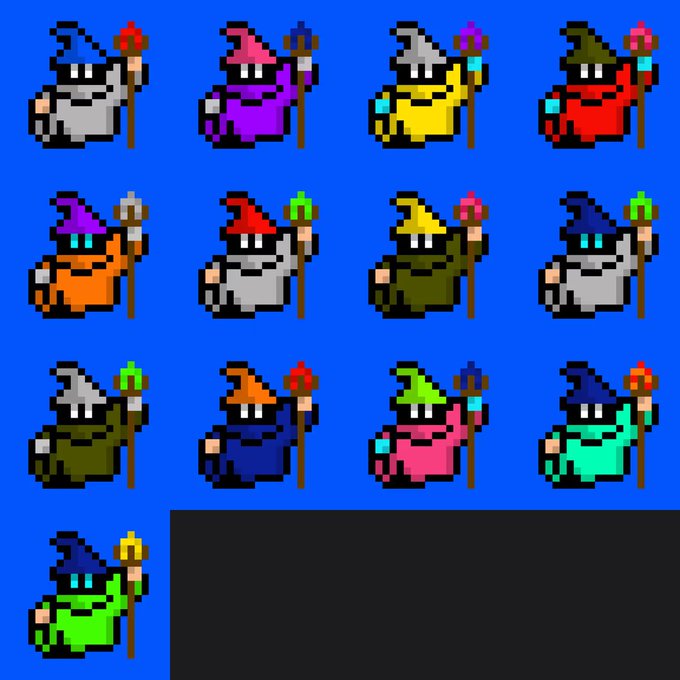 A pixel art sprite sheet featuring multiple color variants of a wizard character with a hat and staff, arranged in a grid on a blue background.
