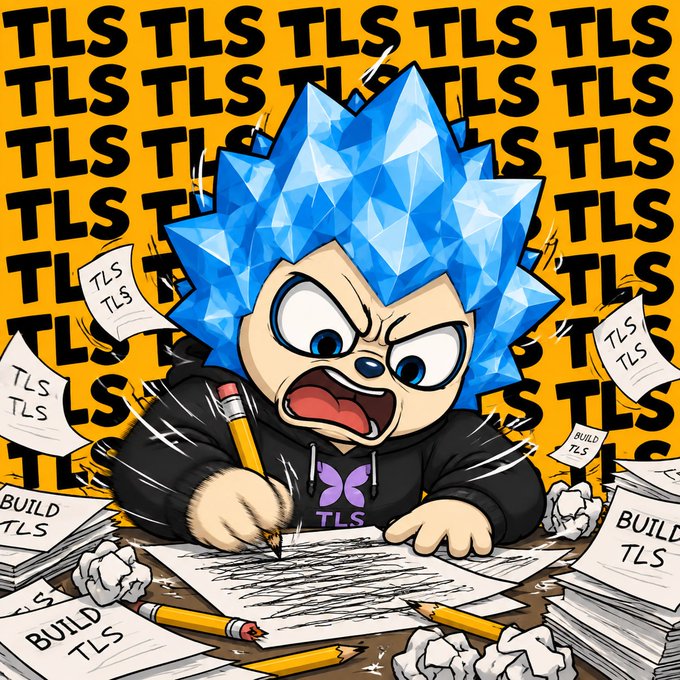 A cartoon illustration shows a frustrated character with spiky blue hair frantically writing 'TLS' on papers while surrounded by 'TLS' and 'BUILD TLS' text on a yellow background.