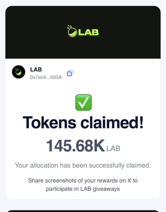 A confirmation screen for a token claim showing 'Tokens claimed!' for 145.68K LAB tokens from wallet address 0x7ec4...593A.