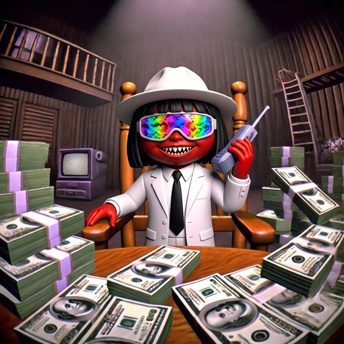 A 3D animated character with red skin, rainbow kaleidoscope sunglasses, and a white suit and hat, sitting at a desk covered in stacks of money while holding a retro cordless phone.