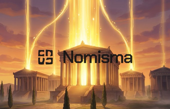 A logo for 'Nomisma' is overlaid on a golden, glowing illustration of ancient Greek or Roman temples with columns.