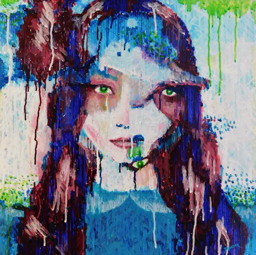 A colorful drip-style painting of a girl with red hair, green eyes, and a blue dress, with paint dripping effects across the entire canvas.