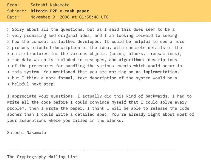 An email from Satoshi Nakamoto dated November 9, 2008, discussing the Bitcoin P2P e-cash paper and his development process on The Cryptography Mailing List.