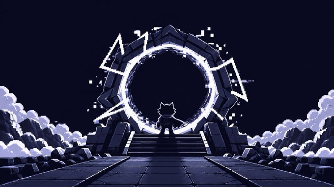 Pixel art style illustration of a small cat-like silhouette standing before a glowing circular portal framed by triangular runes on a stone platform amid clouds.