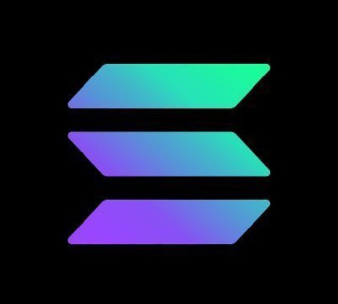 A logo featuring three stacked parallelogram shapes with gradient colors of blue, green, and purple on a black background, resembling the Solana cryptocurrency logo.