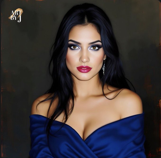 A portrait-style digital painting of a young woman with long black hair, dramatic makeup, red lipstick, and a blue off-shoulder dress, with 'ART BY J' watermark in the corner.