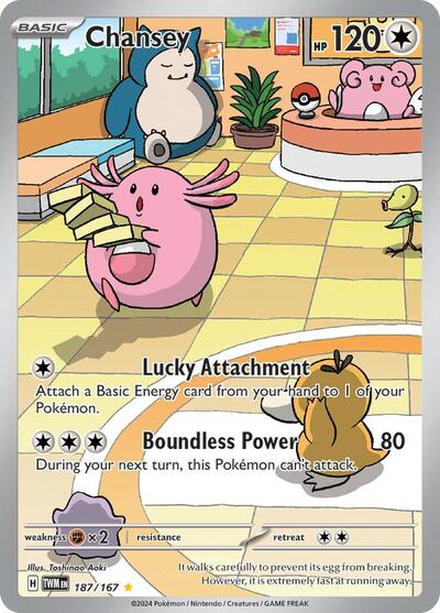 A Chansey Pokémon trading card (set 187/167) featuring the "Lucky Attachment" and "Boundless Power" attacks, depicting Chansey walking through a Pokémon Center.