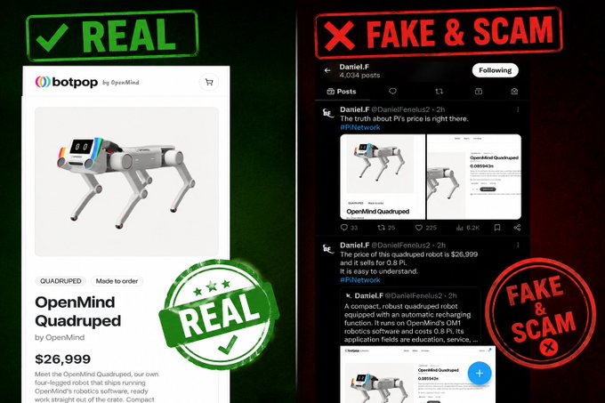 The image contrasts a legitimate OpenMind Quadruped robot listing priced at $26,999 with a "FAKE & SCAM" warning flagging a Pi Network-related post by @DanielF that falsely claims the same robot is available for 0.8 PI, illustrating how GCV scammers manipulate Pi cryptocurrency pricing to deceive pioneers.