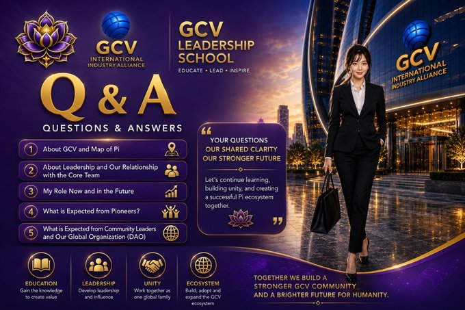 A GCV Leadership School promotional graphic featuring "Q&A" and "Questions & Answers" with a numbered list (1-5) covering topics like GCV and Map of Pi, Core Team relationships, and Pioneer expectations, alongside an image of a businesswoman walking in a suit. The image relates to the post by serving as a visual header for a Q&A session where Doris Yin answers community questions about the GCV consensus value of 314,159 and the Core Team's relationship with Map of Pi.